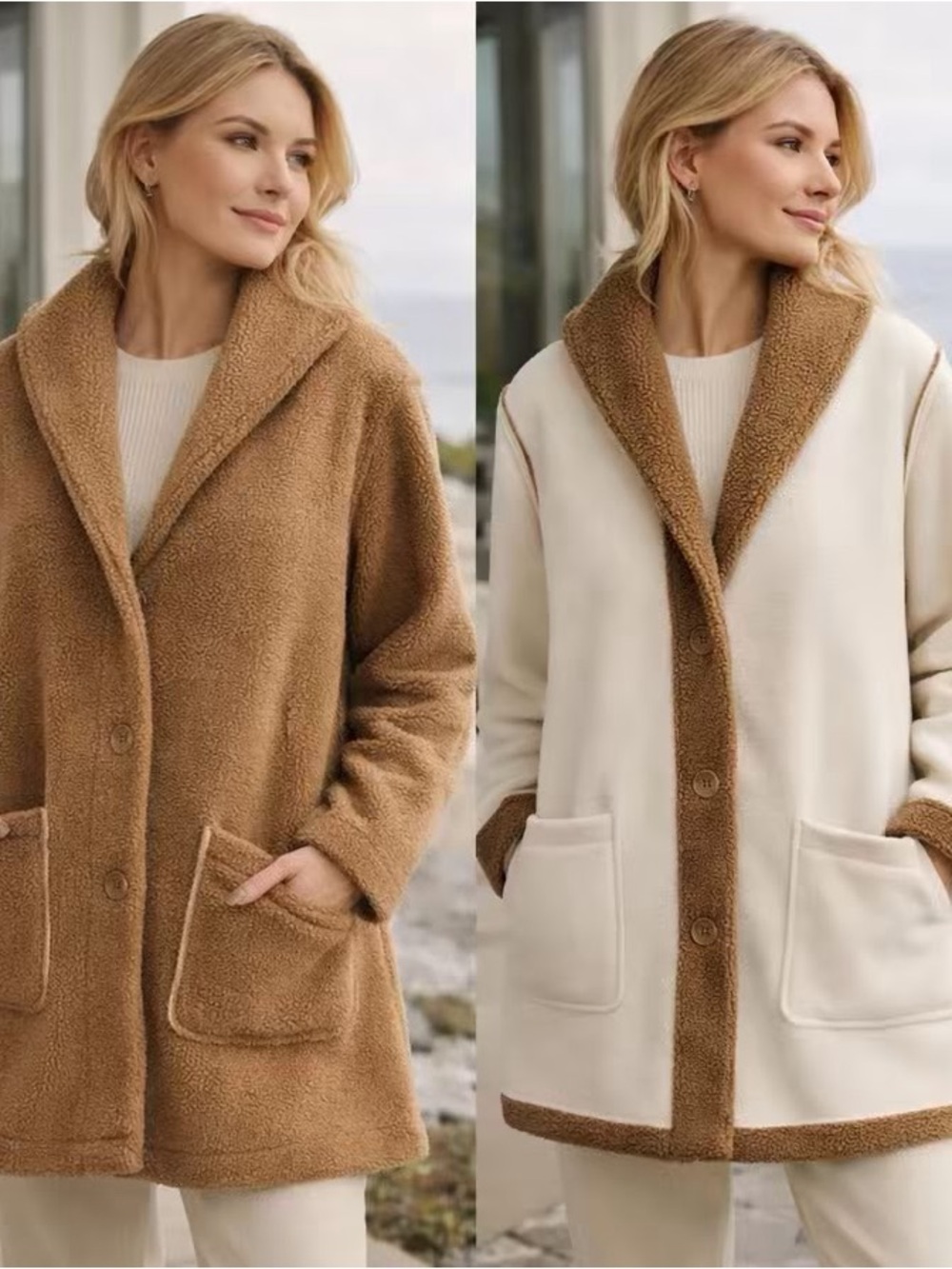 Susan Graver Reversible Teddy Jacket in Tan and Cream